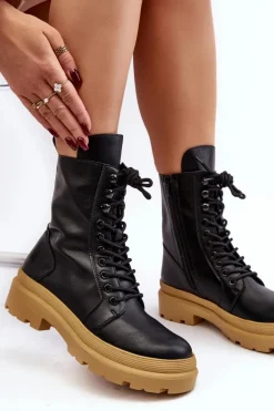 Botki Workery Damskie Ekoskóra Czarne Irande - Jasna Podeszwa