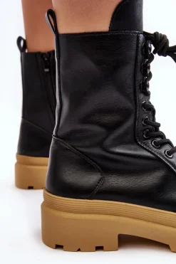 Botki Workery Damskie Ekoskóra Czarne Irande - Jasna Podeszwa