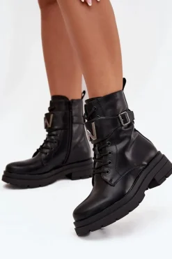 Botki Workery Damskie Eko Skórzane Z Ozdobnym Paskiem Czarne Ylianne