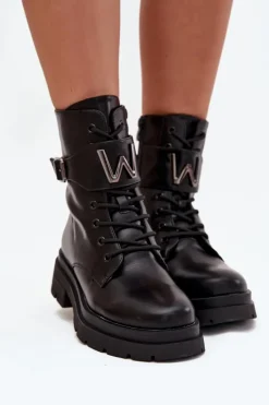 Botki Workery Damskie Eko Skórzane Z Ozdobnym Paskiem Czarne Ylianne
