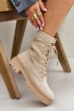 Botki Workery Damskie Na Zamek Z Eko Zamszu Beżowe Savalann