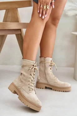 Botki Workery Damskie Na Zamek Z Eko Zamszu Beżowe Savalann