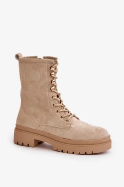 Botki Workery Damskie Na Zamek Z Eko Zamszu Beżowe Savalann