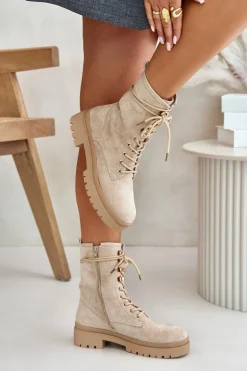 Botki Workery Damskie Na Zamek Z Eko Zamszu Beżowe Savalann