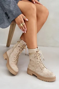 Botki Workery Damskie Na Zamek Z Eko Zamszu Beżowe Savalann