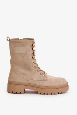 Botki Workery Damskie Na Zamek Z Eko Zamszu Beżowe Savalann