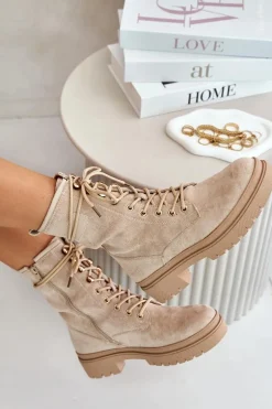 Botki Workery Damskie Na Zamek Z Eko Zamszu Beżowe Savalann