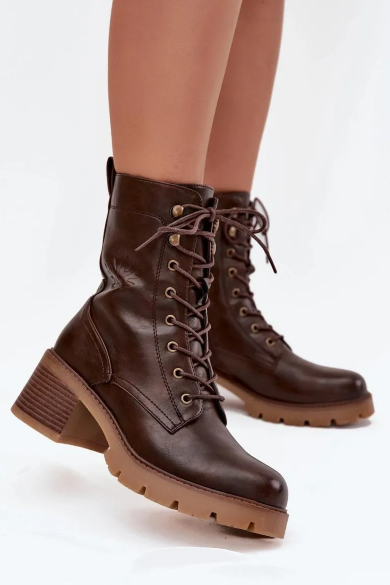 Botki Workery Damskie Na Klocku Ocieplane Vinceza 89136 Brązowe