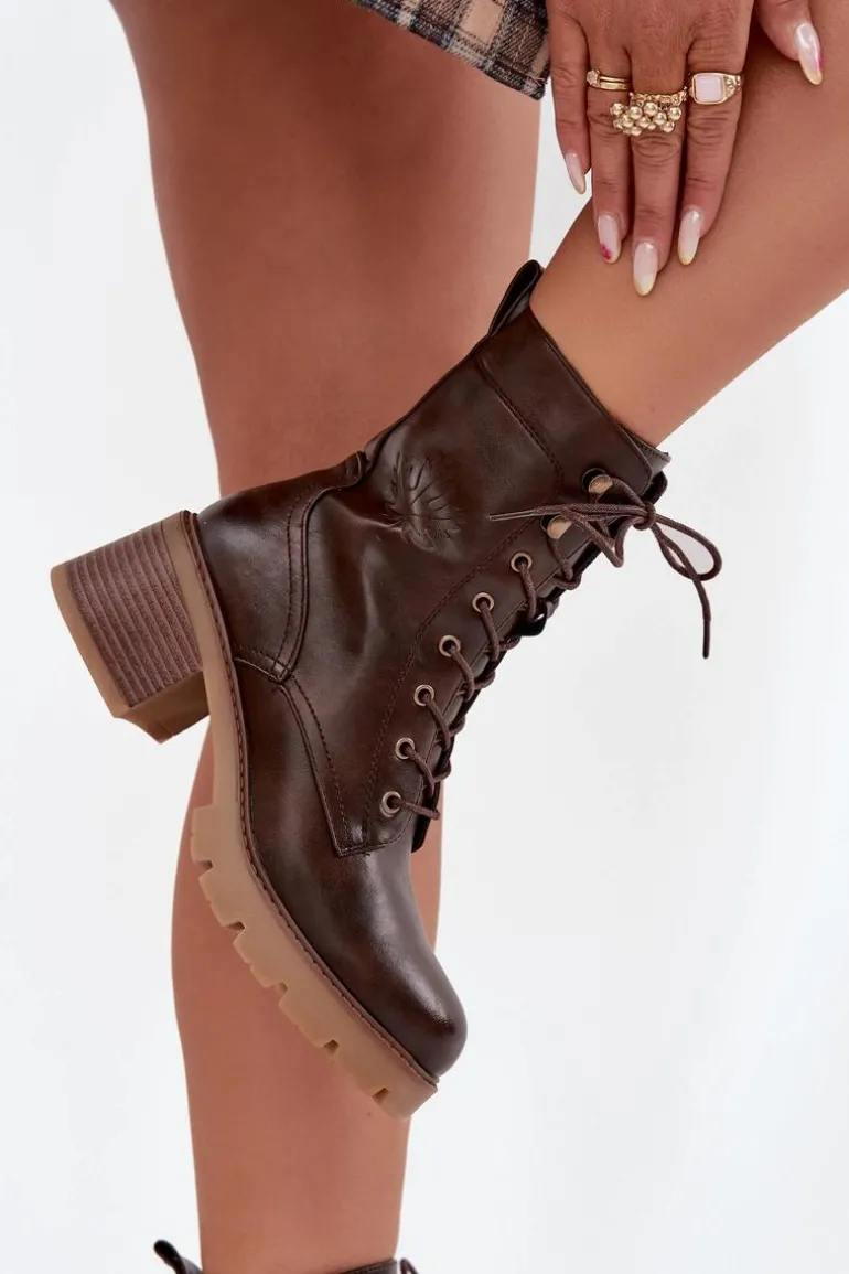 Botki Workery Damskie Na Klocku Ocieplane Vinceza 89136 Brązowe