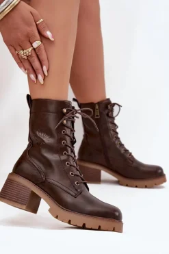 Botki Workery Damskie Na Klocku Ocieplane Vinceza 89136 Brązowe