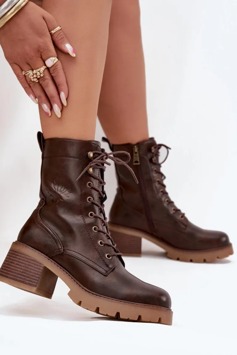 Botki Workery Damskie Na Klocku Ocieplane Vinceza 89136 Brązowe