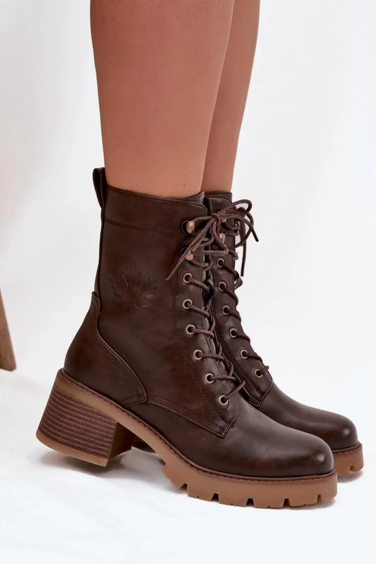 Botki Workery Damskie Na Klocku Ocieplane Vinceza 89136 Brązowe