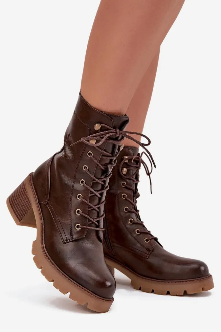 Botki Workery Damskie Na Klocku Ocieplane Vinceza 89136 Brązowe