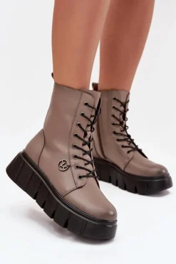 Botki Workery Damskie Na Platformie Ocieplane Vinceza 58588 Ciemnobeżowe
