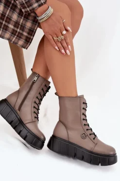Botki Workery Damskie Na Platformie Ocieplane Vinceza 58588 Ciemnobeżowe
