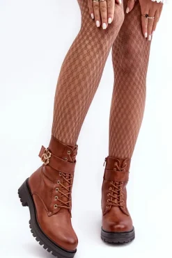 Botki Workery Damskie Na Suwak Z Ozdobą Brązowe Ciossava