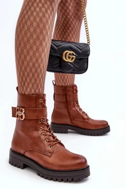 Botki Workery Damskie Na Suwak Z Ozdobą Brązowe Ciossava