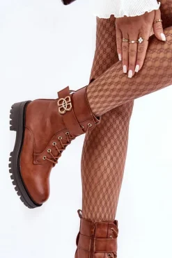 Botki Workery Damskie Na Suwak Z Ozdobą Brązowe Ciossava