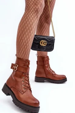 Botki Workery Damskie Na Suwak Z Ozdobą Brązowe Ciossava