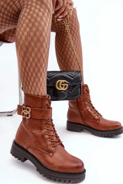 Botki Workery Damskie Na Suwak Z Ozdobą Brązowe Ciossava