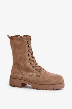 Botki Workery Damskie Na Zamek Z Eko Zamszu Ciemnobeżowe Savalann