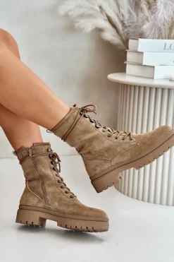 Botki Workery Damskie Na Zamek Z Eko Zamszu Ciemnobeżowe Savalann