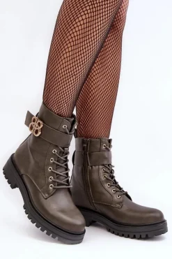 Botki Workery Damskie Na Suwak Z Ozdobą Ciemnozielone Ciossava