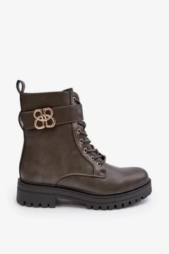 Botki Workery Damskie Na Suwak Z Ozdobą Ciemnozielone Ciossava