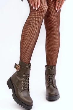 Botki Workery Damskie Na Suwak Z Ozdobą Ciemnozielone Ciossava