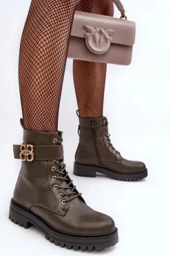 Botki Workery Damskie Na Suwak Z Ozdobą Ciemnozielone Ciossava