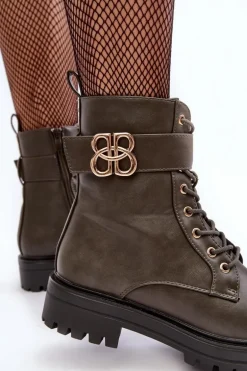 Botki Workery Damskie Na Suwak Z Ozdobą Ciemnozielone Ciossava