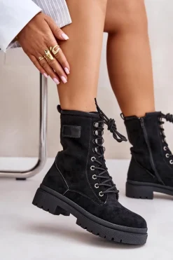 Botki Workery Damskie Na Zamek Z Eko Zamszu Czarne Savalann