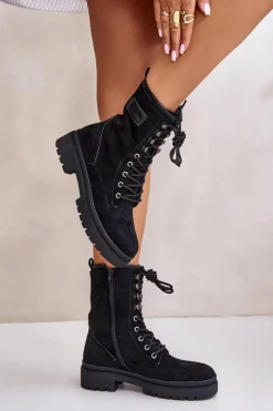 Botki Workery Damskie Na Zamek Z Eko Zamszu Czarne Savalann