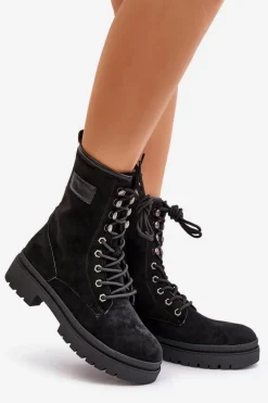 Botki Workery Damskie Na Zamek Z Eko Zamszu Czarne Savalann