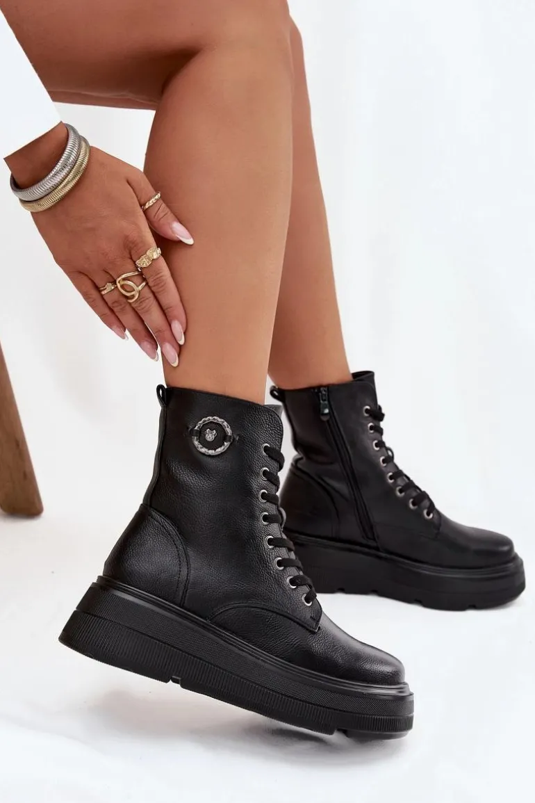 Botki Workery Damskie Ocieplane Na Platformie Z Ozdobnym Detalem Vinceza 16513 Czarne