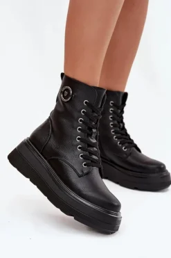 Botki Workery Damskie Ocieplane Na Platformie Z Ozdobnym Detalem Vinceza 16513 Czarne