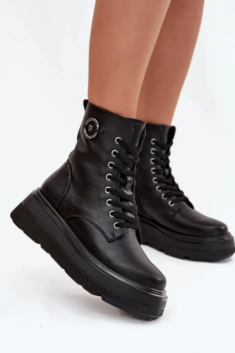 Botki Workery Damskie Ocieplane Na Platformie Z Ozdobnym Detalem Vinceza 16513 Czarne