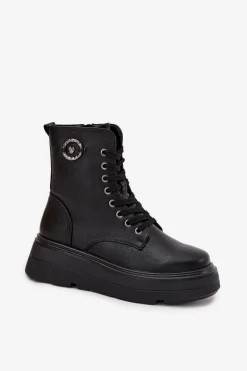 Botki Workery Damskie Ocieplane Na Platformie Z Ozdobnym Detalem Vinceza 16513 Czarne