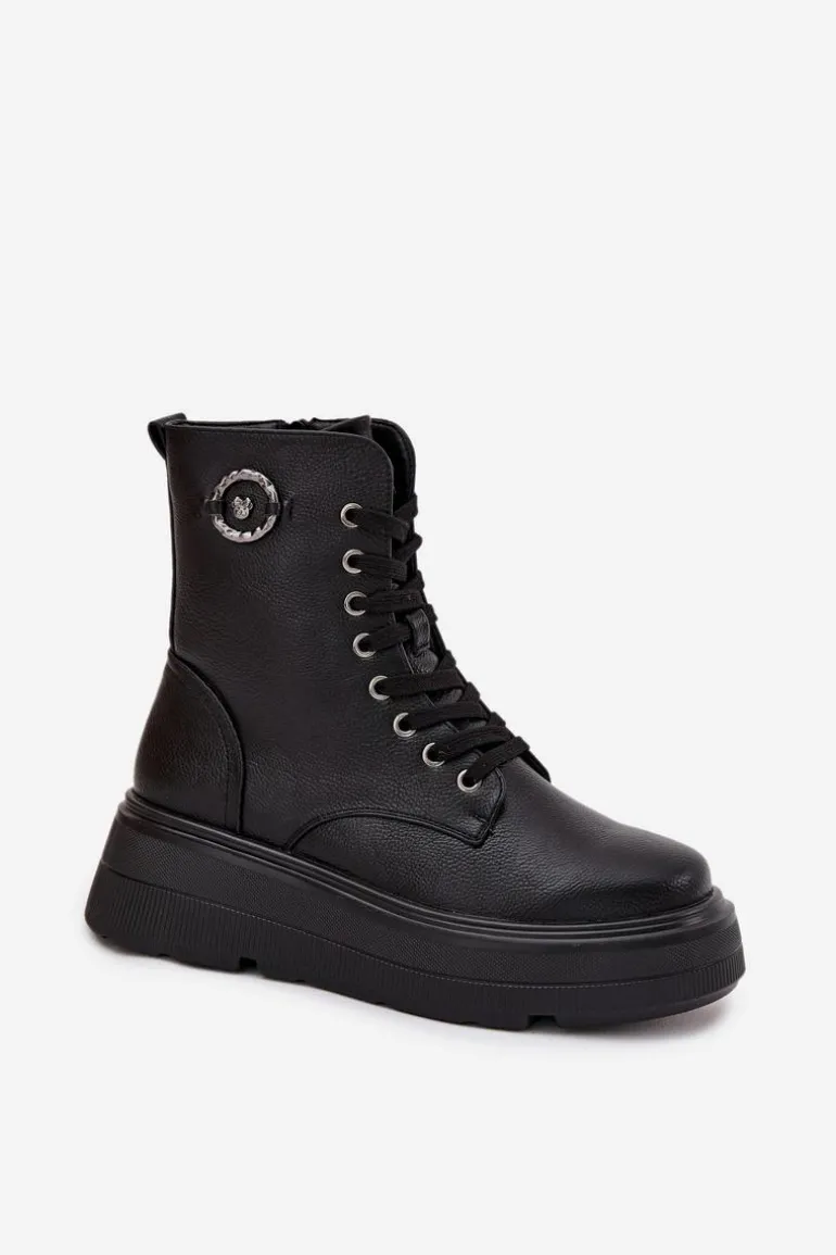 Botki Workery Damskie Ocieplane Na Platformie Z Ozdobnym Detalem Vinceza 16513 Czarne