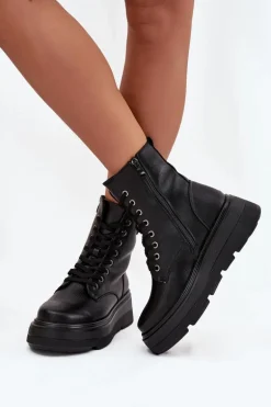 Botki Workery Damskie Ocieplane Na Platformie Z Ozdobnym Detalem Vinceza 16513 Czarne