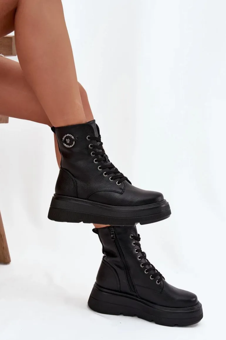 Botki Workery Damskie Ocieplane Na Platformie Z Ozdobnym Detalem Vinceza 16513 Czarne