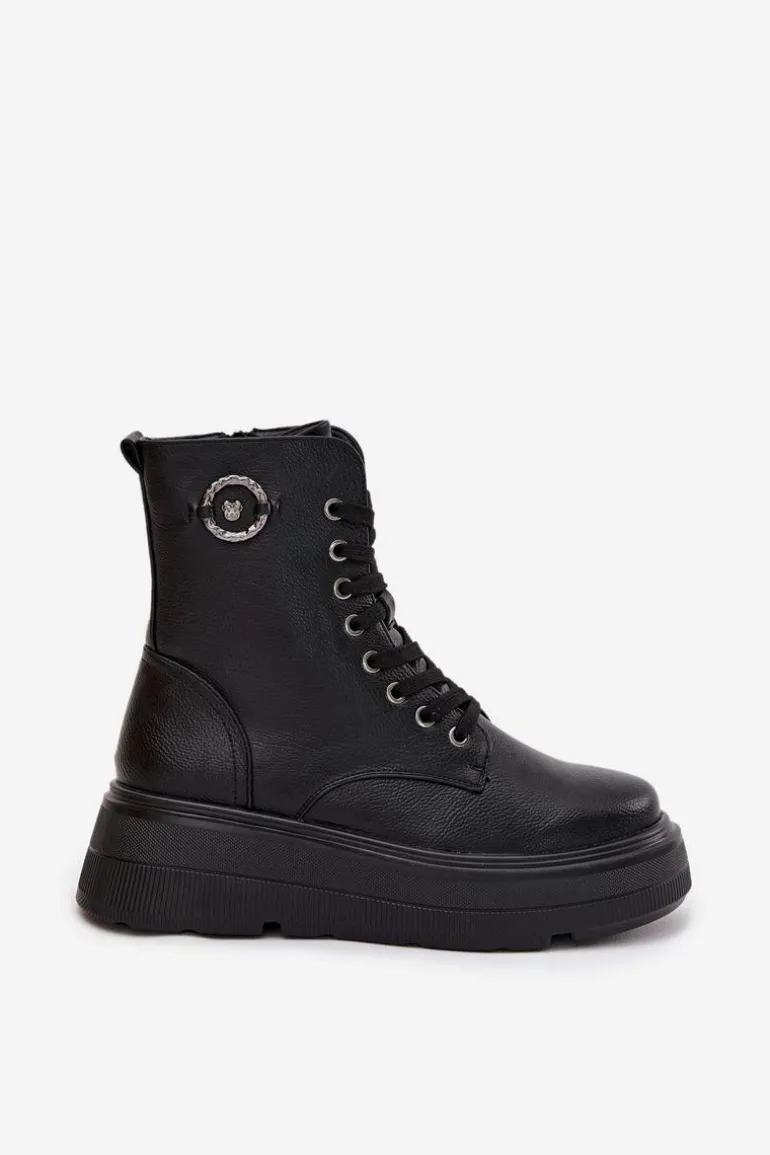 Botki Workery Damskie Ocieplane Na Platformie Z Ozdobnym Detalem Vinceza 16513 Czarne