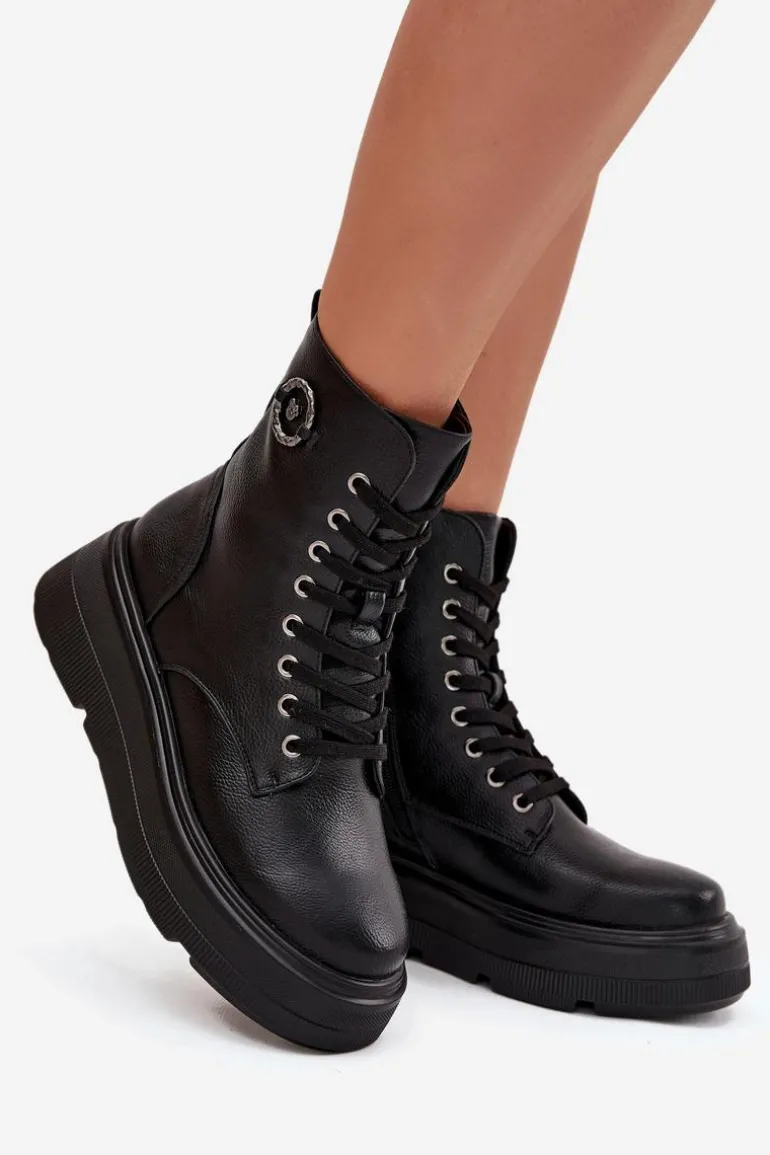 Botki Workery Damskie Ocieplane Na Platformie Z Ozdobnym Detalem Vinceza 16513 Czarne