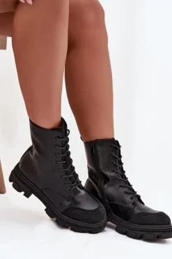 Botki Workery Damskie Ocieplane Ze Zdobieniem S.Barski HY42-982 Czarne