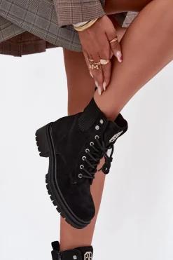 Botki Workery Damskie Ocieplane Z Ozdobami Czarne Olivira