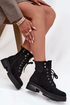 Botki Workery Damskie Ocieplane Z Ozdobami Czarne Olivira
