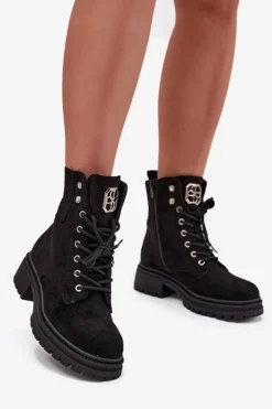 Botki Workery Damskie Ocieplane Z Ozdobami Czarne Olivira