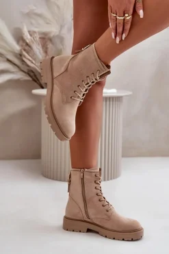 Botki Workery Damskie Ocieplane Na Zamek Eko Zamszowe Beżowe Mardia