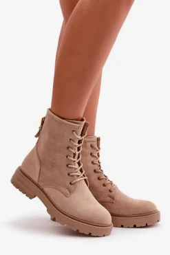 Botki Workery Damskie Ocieplane Na Zamek Eko Zamszowe Beżowe Mardia