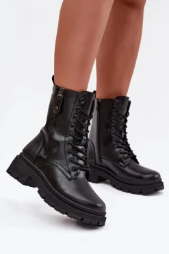 Botki Workery Damskie Ocieplane Z Podwójnym Zamkiem Czarne Perlina